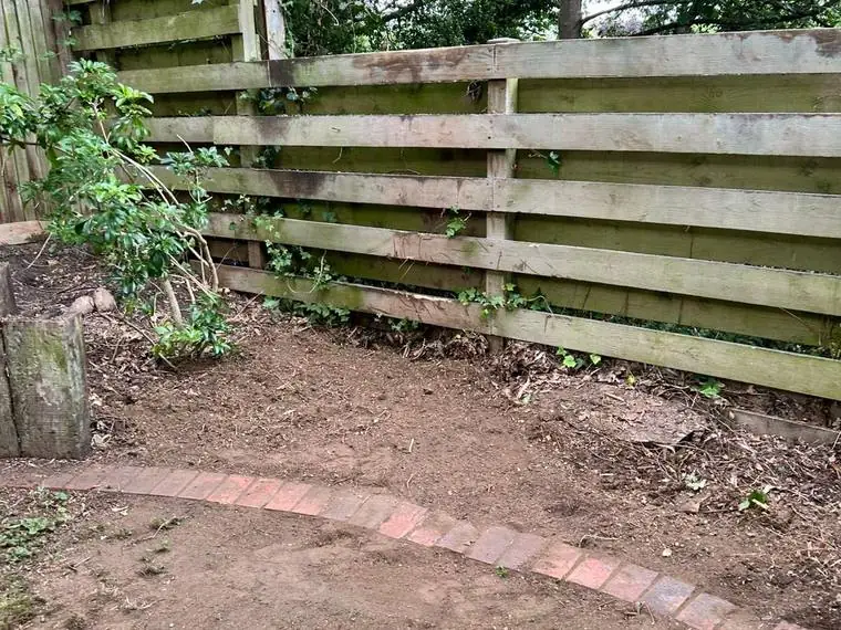 A cleared garden border and brick path after bamboo removal